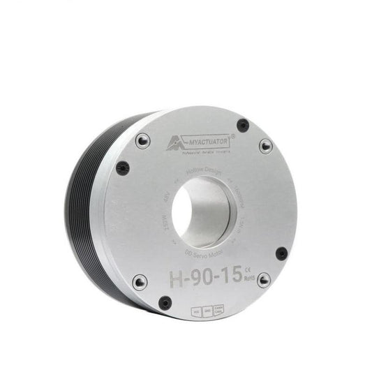 MyActuator RMD-H-90-15 hollow shaft motor, 48V CAN bus servo, front angle view with model marking