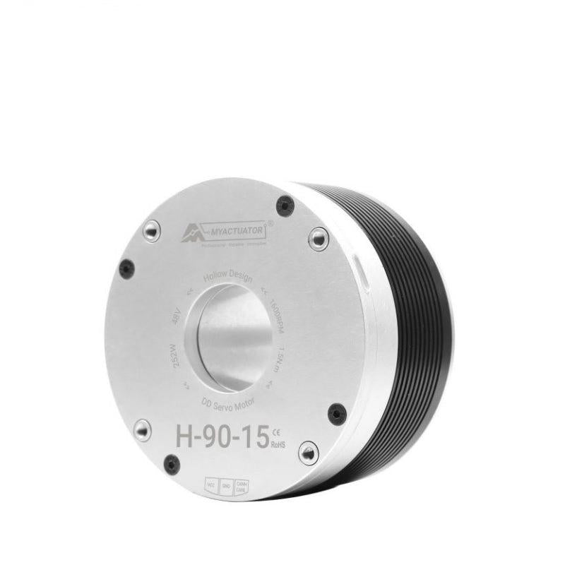 MyActuator RMD-H-90-15 CAN bus motor angled view showing housing depth and front face screws