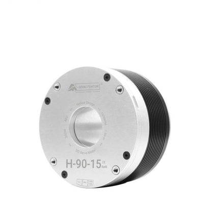 MyActuator RMD-H-90-15 CAN bus motor angled view showing housing depth and front face screws