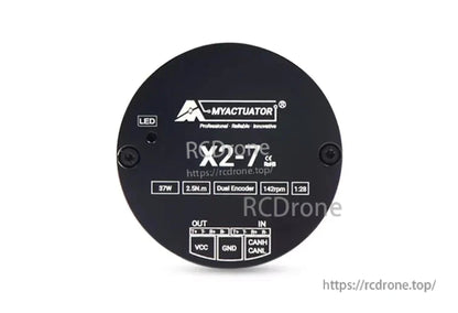 MyActuator X2-7 37W servo motor delivers 2.9N.m torque, 142rpm speed, dual encoders, CAN bus, LED, and VCC/GND connections.