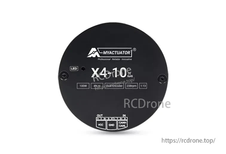 MyActuator X4-10: 100W, 10N·m, dual encoder, EtherCAT+CAN, 238rpm, 1:13 gear ratio.