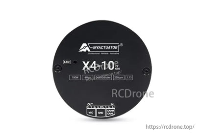 MyActuator X4-10: 100W, 10N·m, dual encoder, EtherCAT+CAN, 238rpm, 1:13 gear ratio.