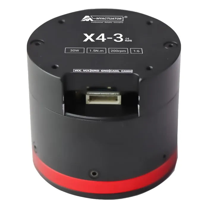 The MyActuator X4-3 is a 30W, 1.5N·m, 200rpm brushless DC motor with CAN BUS and RS485 communication, ideal for robotics applications.