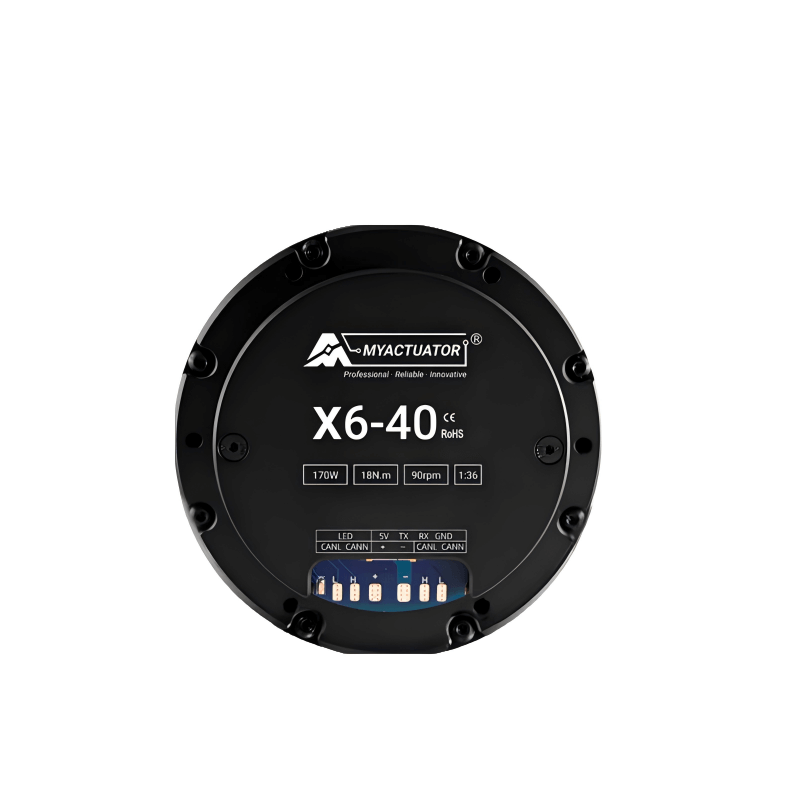 MyActuator RMD-X6-40 motor, rear label view showing X6-40, 18 N·m torque, 90 rpm, 1:36 and CAN pins