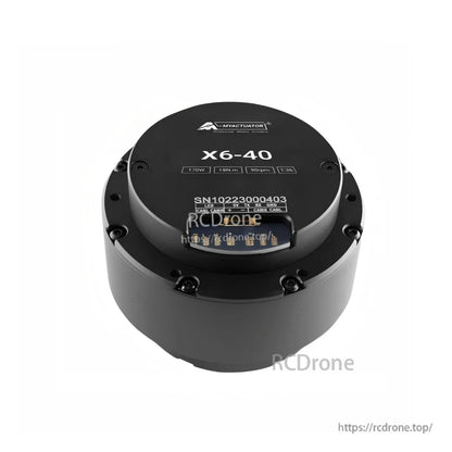 Tilted view of X6-40 motor showing rear label plate and built-in connector block on the rim