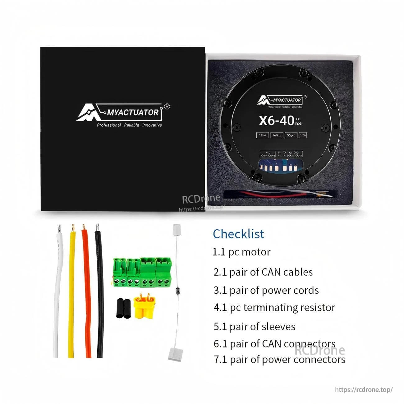 MyActuator X6-40 package contents with motor, CAN cables, power cords, terminating resistor, connectors, and sleeves