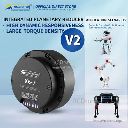 The RMD-X6-7 V2 servo actuator offers high precision, torque density, and dynamic responsiveness, ideal for robotics and robotic arms.