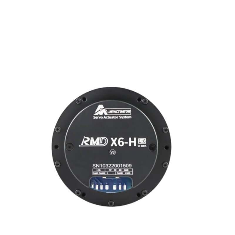 MyActuator RMD-X6-H servo actuator system, front face showing 6:1 label and CAN wiring header