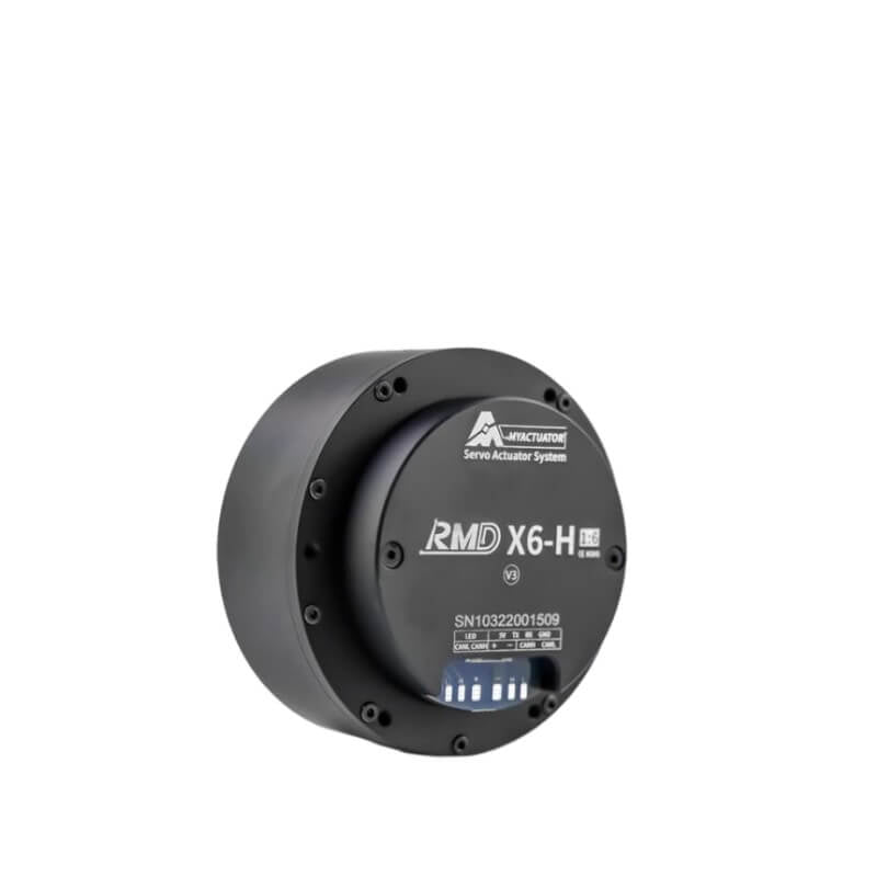 MyActuator RMD-X6-H servo actuator system angled view, round housing and front label with CAN port area