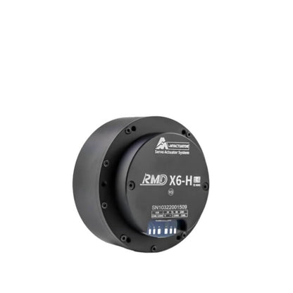 MyActuator RMD-X6-H servo actuator system angled view, round housing and front label with CAN port area