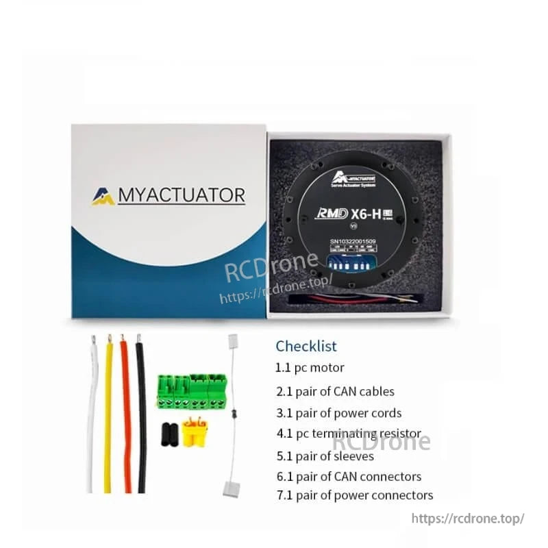 MyActuator RMD X6-H package contents with motor in foam box, cables, connectors, and checklist graphic