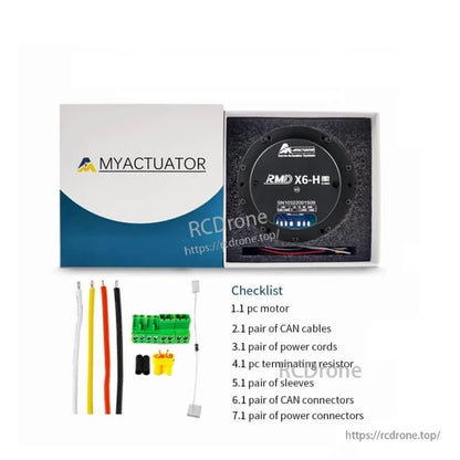MyActuator RMD X6-H package contents with motor in foam box, cables, connectors, and checklist graphic