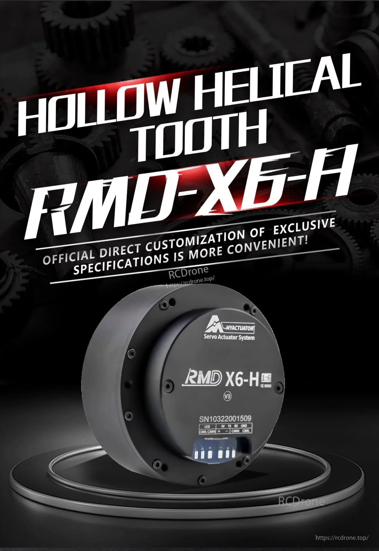 MyActuator RMD-X6-H servo actuator system with 1:6 hollow helical reducer and CAN/RS485 ports
