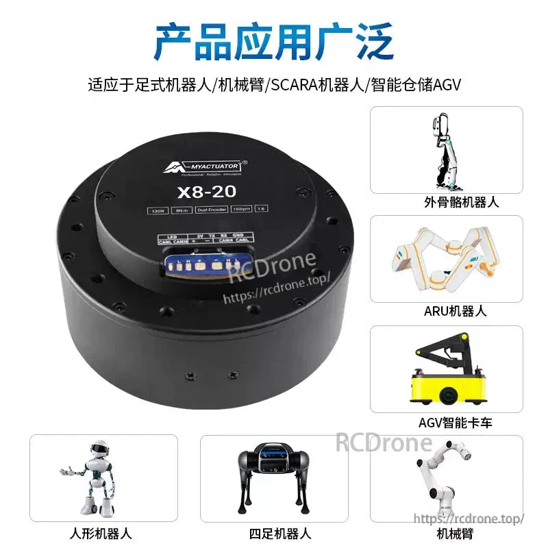 The MyActuator X8-20 is a compact, robust 48V servo actuator with 10N·m torque, dual encoders, and 150W power, ideal for humanoid, quadruped, and SCARA robots, AGVs, exoskeletons, and ARUs requiring precision and reliability.
