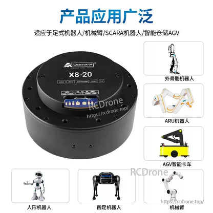 The MyActuator X8-20 is a compact, robust 48V servo actuator with 10N·m torque, dual encoders, and 150W power, ideal for humanoid, quadruped, and SCARA robots, AGVs, exoskeletons, and ARUs requiring precision and reliability.