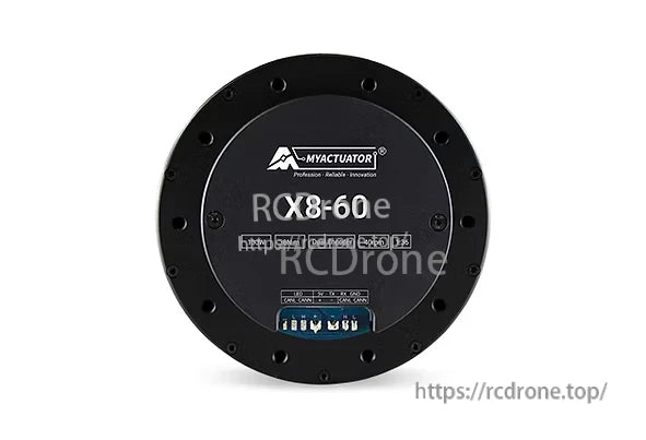 MyActuator X8-60: 48V, 25N·m torque, 36:1 gear ratio, CAN BUS/RS485 communication, dual encoder motor.