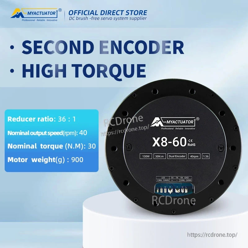 MyActuator X8-60: 48V, 30N·m torque, 36:1 gear ratio, dual encoder, CAN/RS485, 40rpm, 900g, high torque, robotic use.