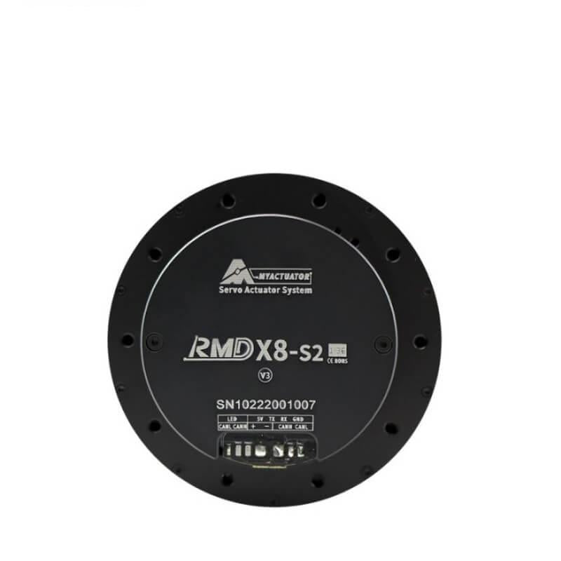 MyActuator RMD-X8-S2 Motor 48V servo actuator, top view with model marking and terminal block