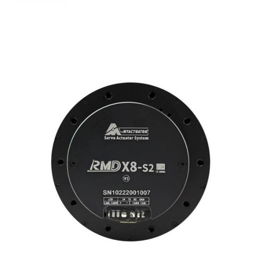 MyActuator RMD-X8-S2 Motor 48V servo actuator, top view with model marking and terminal block