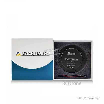 Retail box and foam insert with MyActuator RMD-X8-S2 servo actuator and included wires