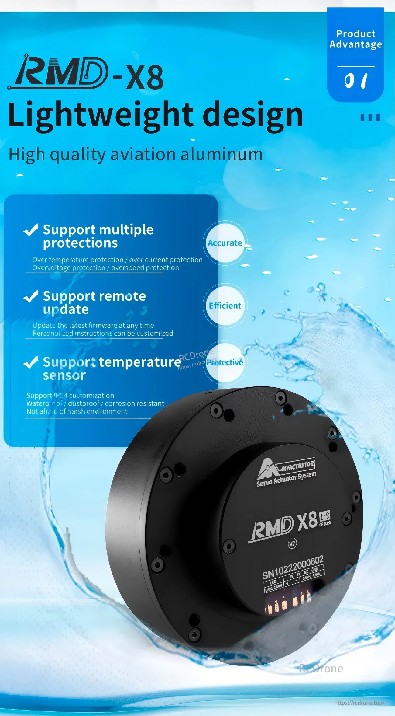 MyActuator RMD-X8 servo actuator motor feature banner highlighting lightweight aluminum body and built-in protections