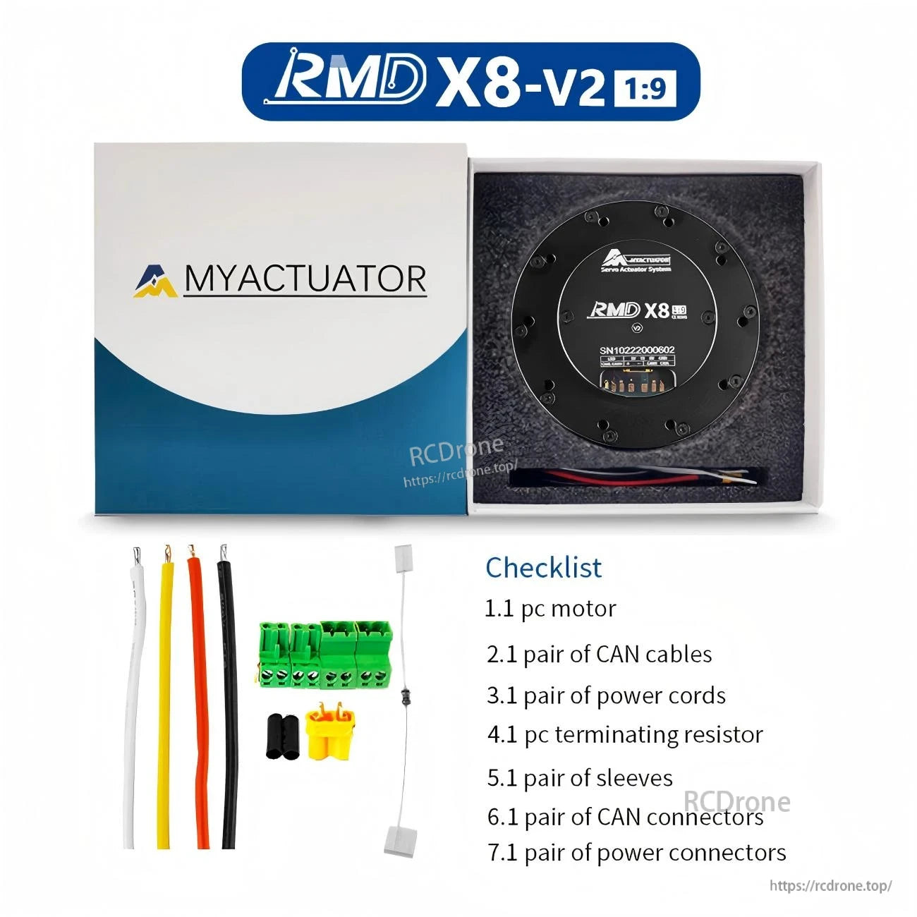 MyActuator RMD-X8 V2 1:9 servo actuator motor kit in box with included CAN cables, power cords, connectors and terminating resistor