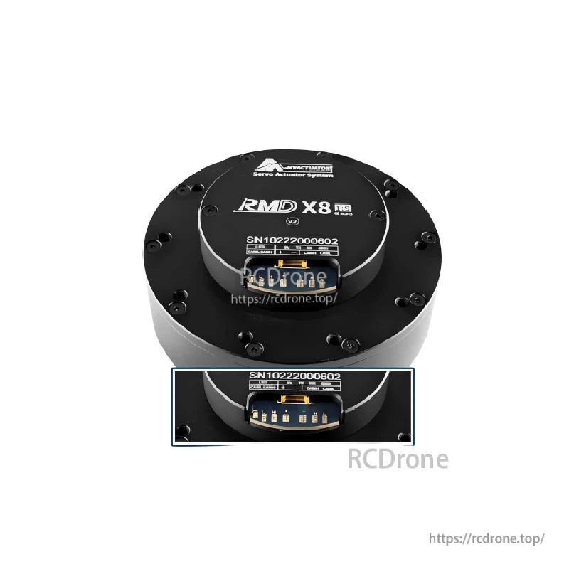 Top angled view of RMD X8 V2 servo actuator with close-up inset of the signal/power connector area