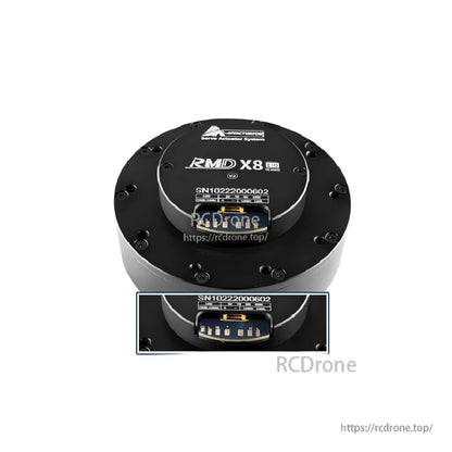 Top angled view of RMD X8 V2 servo actuator with close-up inset of the signal/power connector area