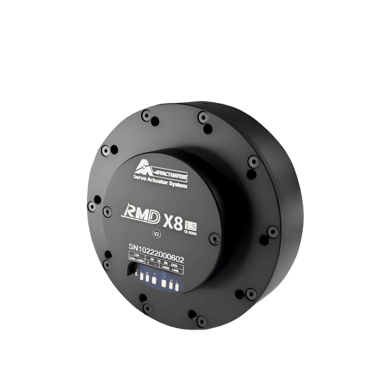 Angled view of MyActuator RMD-X8 V2 servo actuator motor housing, showing mounting holes and front cover