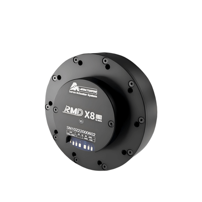 Angled view of MyActuator RMD-X8 V2 servo actuator motor housing, showing mounting holes and front cover