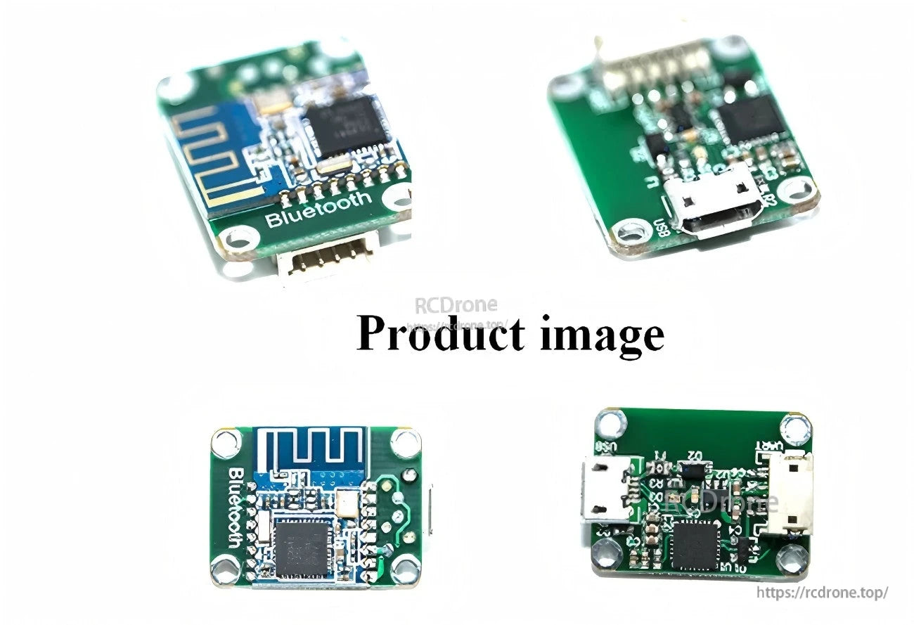 Multi-angle views of the USB-to-UART board, highlighting the Bluetooth module, Micro‑USB connector, and pin header