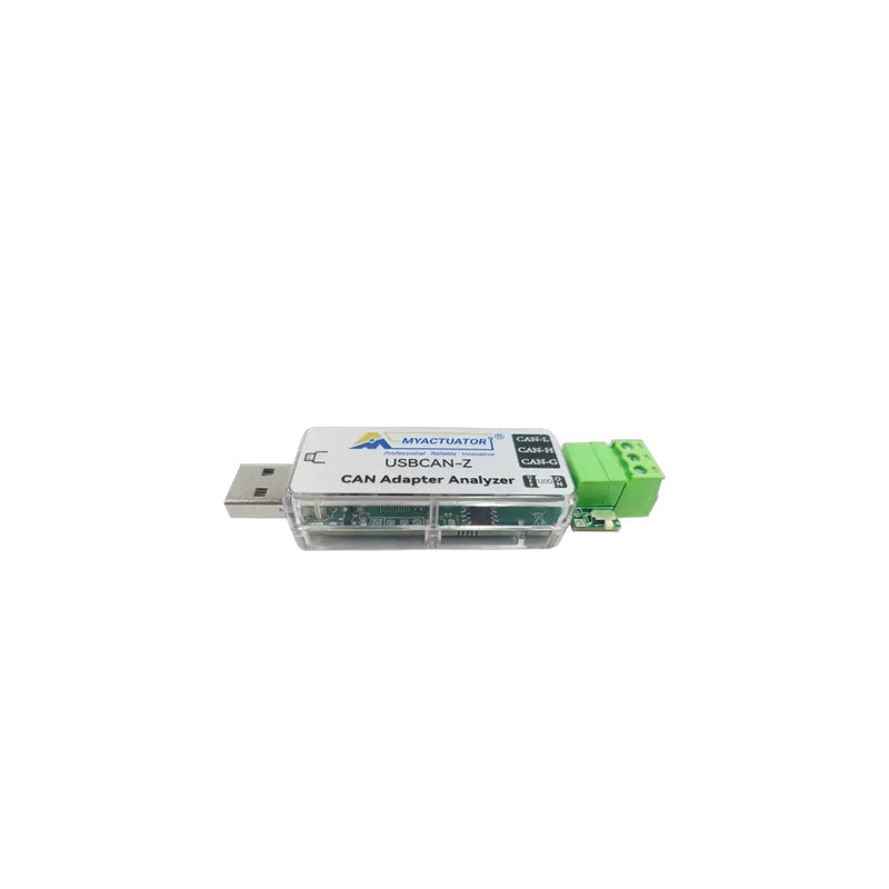 MyActuator USBCAN-Z USB to CAN module CAN adapter, angled view with USB plug and green CAN terminal