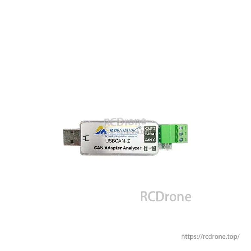 USBCAN-Z USB to CAN adapter on white background with RCDrone watermark, showing USB plug and CAN terminal
