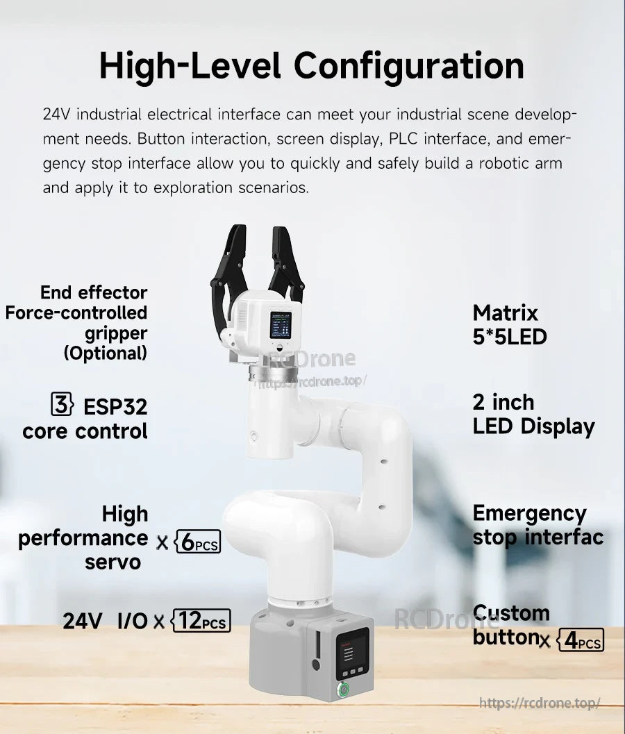 High-level configuration callouts for myCobot 320 M5: ESP32 core control, 24V I/O, LED matrix, display and E-stop