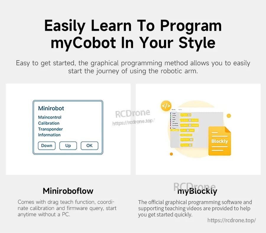 Learning options for myCobot: MinirobotFlow interface and myBlockly graphical programming workflow overview