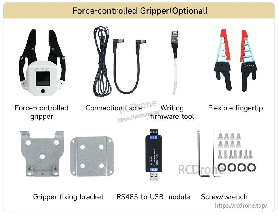 Optional force-controlled gripper kit with cables, RS485-to-USB adapter, brackets, screws, and wrench for myCobot