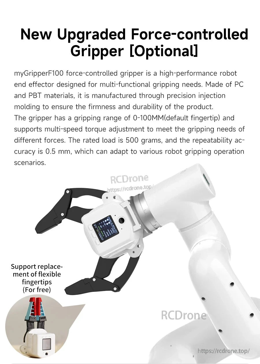 Optional myGripperF100 force-controlled gripper for myCobot 320 M5 with replaceable fingertips and 0–100 mm stroke