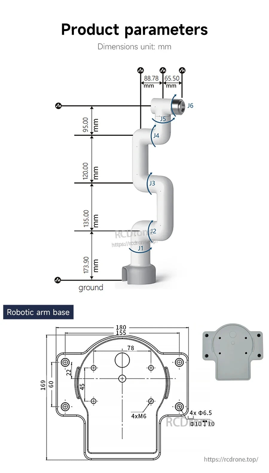 myCobot 320 M5 robotic arm dimension diagram with joint labels and base mounting pattern (4x M6 holes)