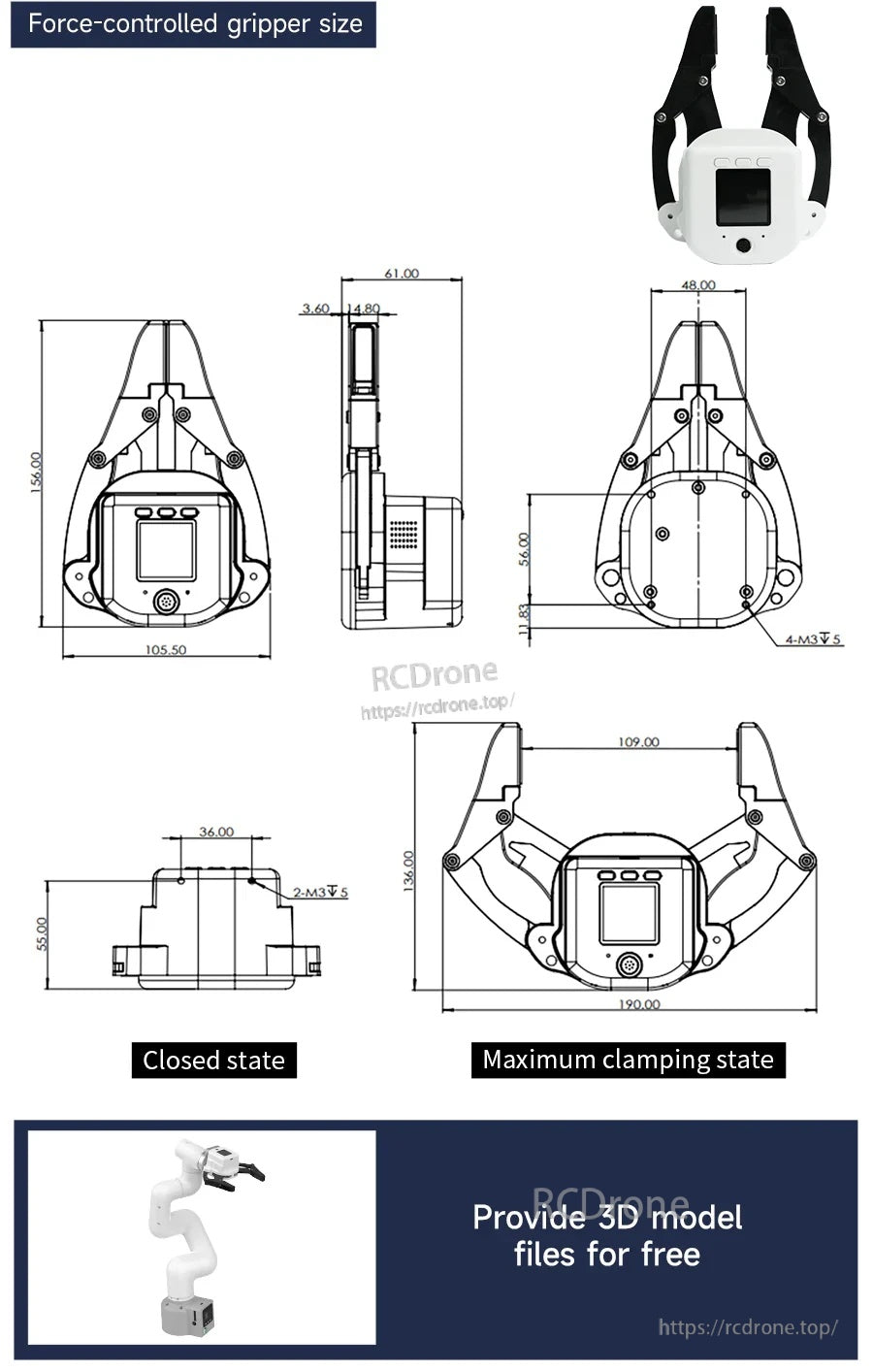 Technical drawing of a force-controlled robotic gripper with dimensional views, closed and maximum clamping states