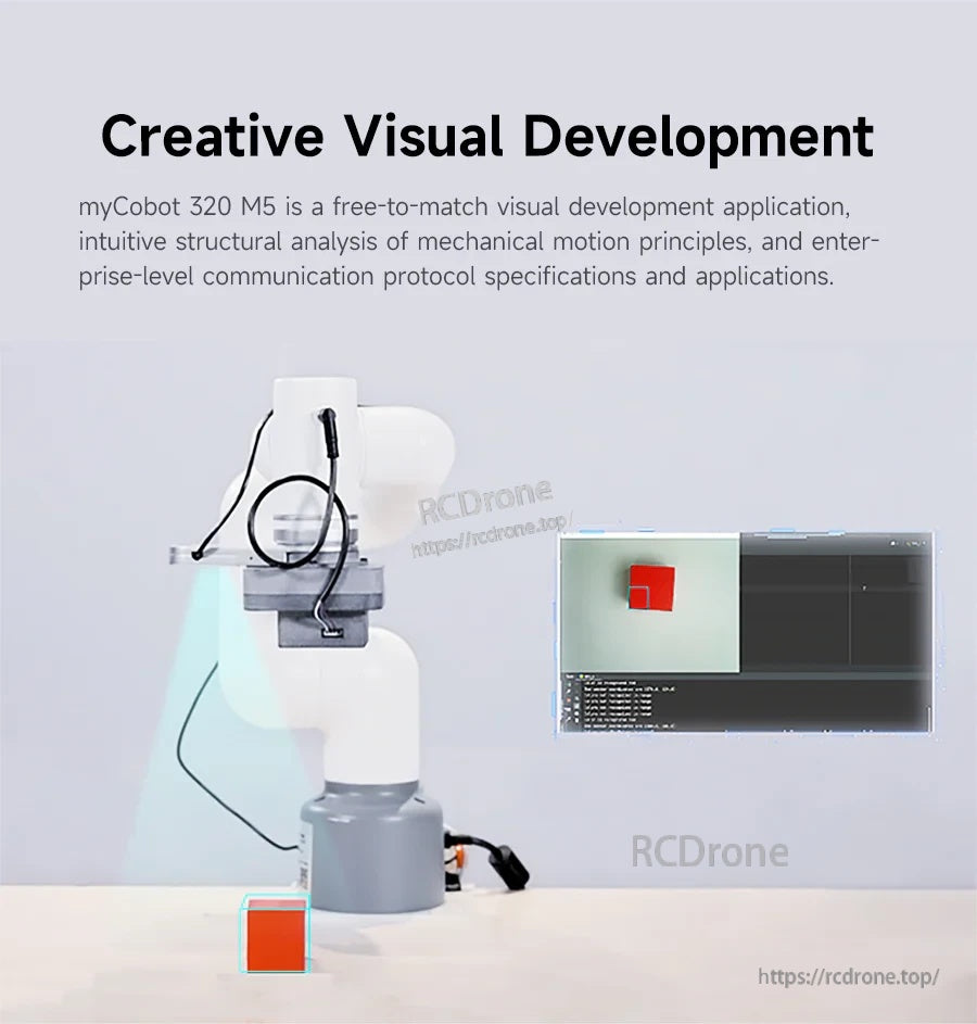 Creative visual development example with myCobot arm tracking a colored block and software window output