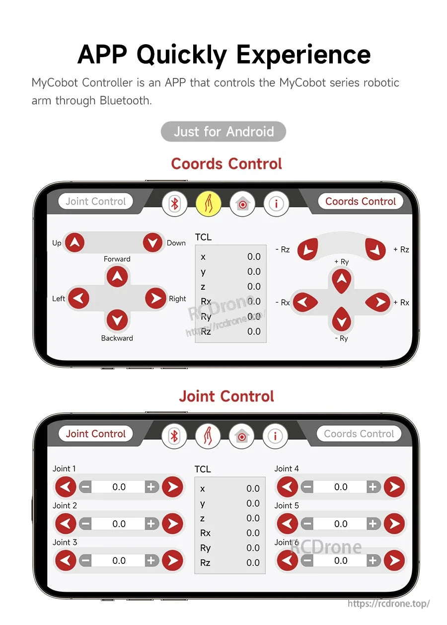 MyCobot Controller Android app UI for Bluetooth control, with coordinate control and joint control panels