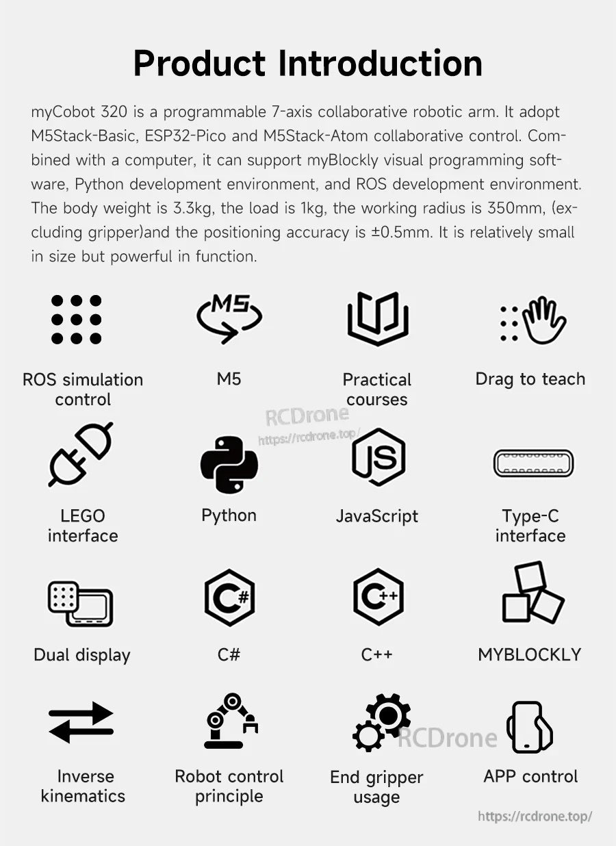 myCobot 320 M5 product introduction with supported features: ROS, Python, myBlockly, drag-to-teach, Type‑C and I/O icons