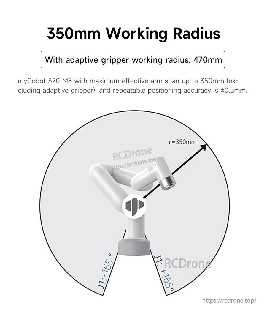 Working radius graphic for myCobot 320 M5 showing 350 mm reach arc and note of 470 mm with adaptive gripper
