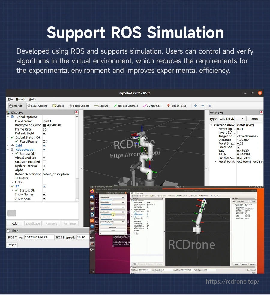 ROS simulation screen for myCobot showing RViz environment and control panels for verifying robot motion virtually