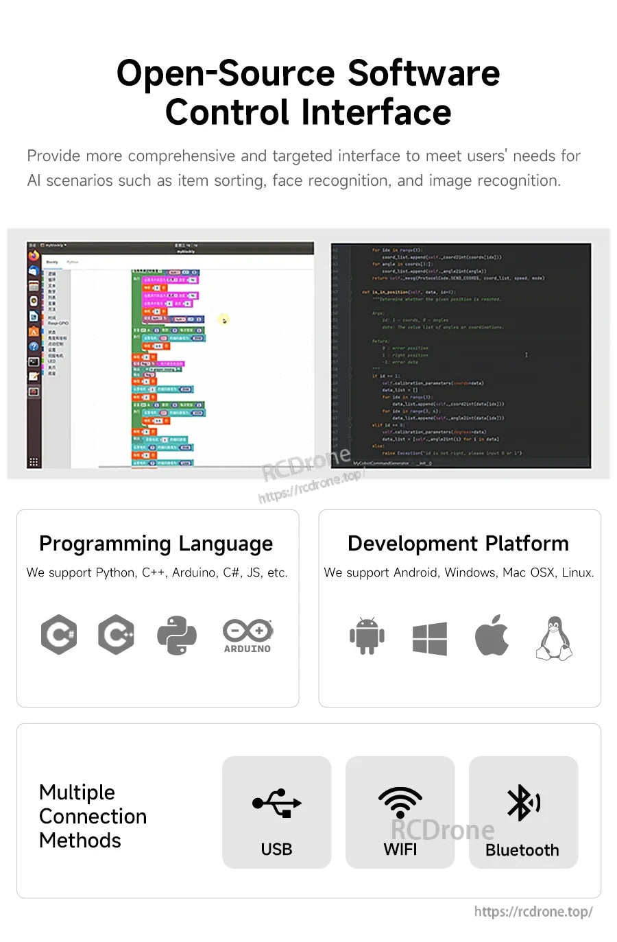Open-source software control interface screenshot showing Blockly blocks and code editor plus USB, Wi‑Fi and Bluetooth icons