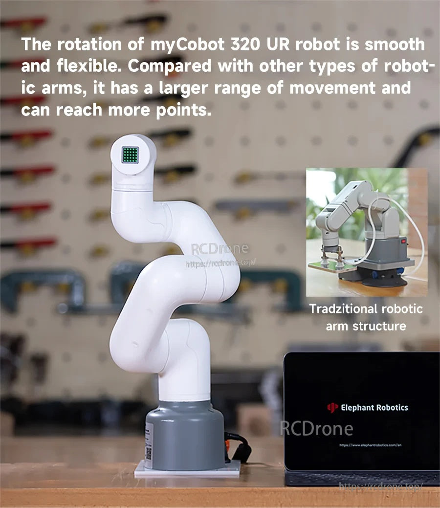 myCobot 320 arm on workbench demonstrating smooth rotation and flexible movement range, with laptop and inset comparison