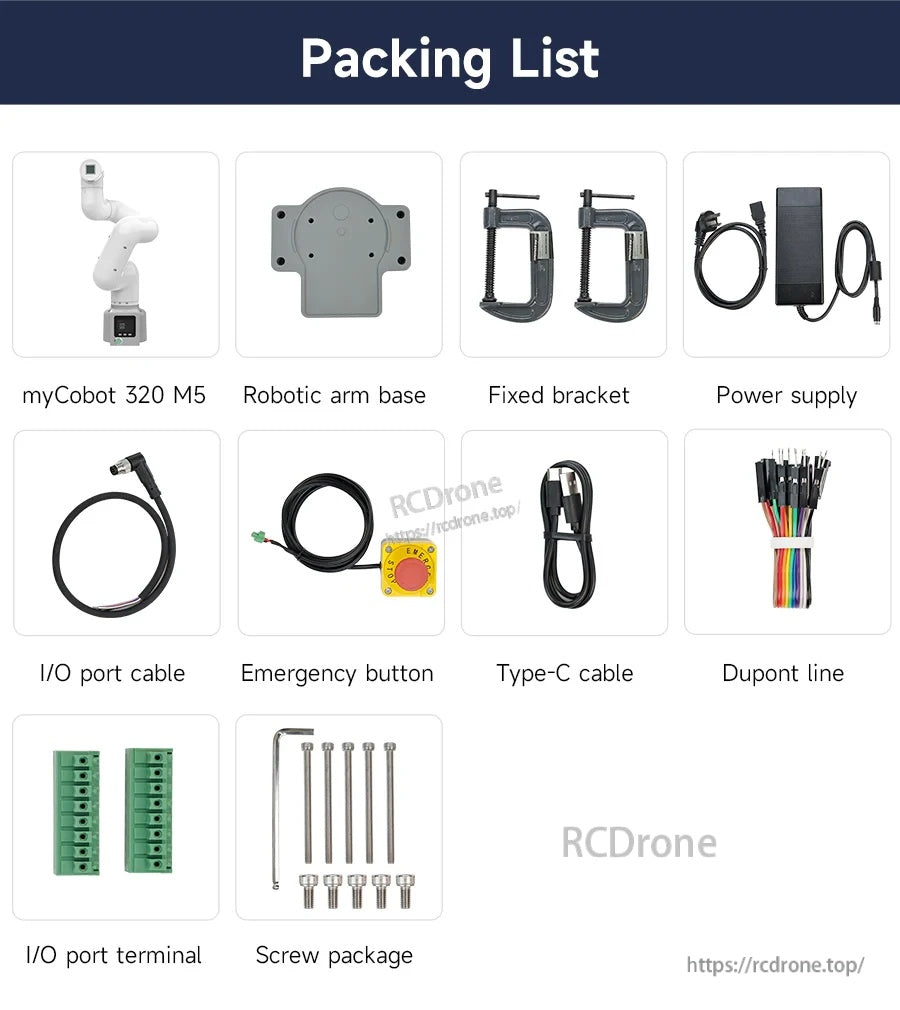 Packing list for Elephant Robotics myCobot 320 M5 robotic arm kit with base, brackets, cables, power supply and screws