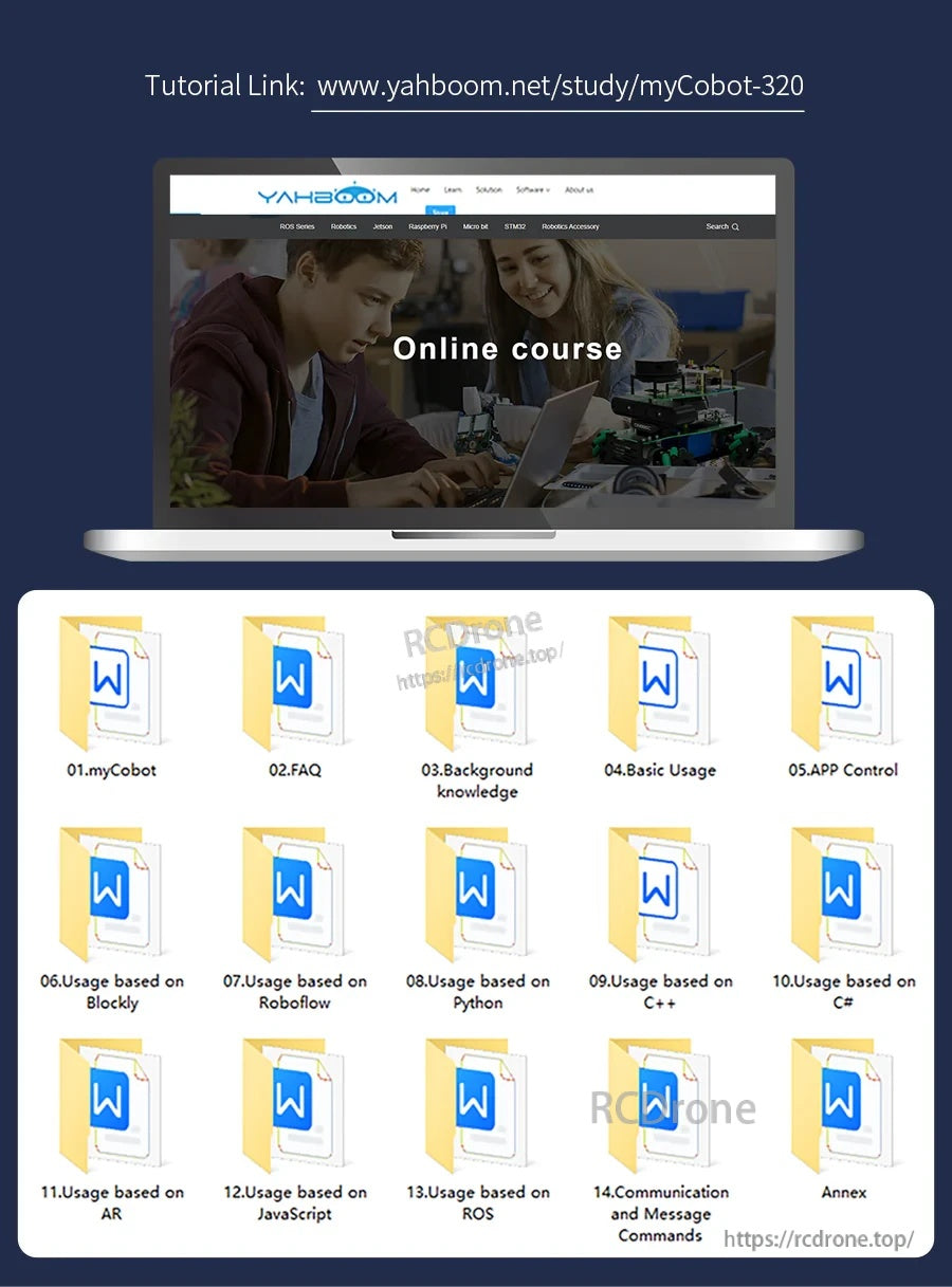 myCobot 320 tutorial download screen with Yahboom online course link and folders for Python, ROS, C++ and app control