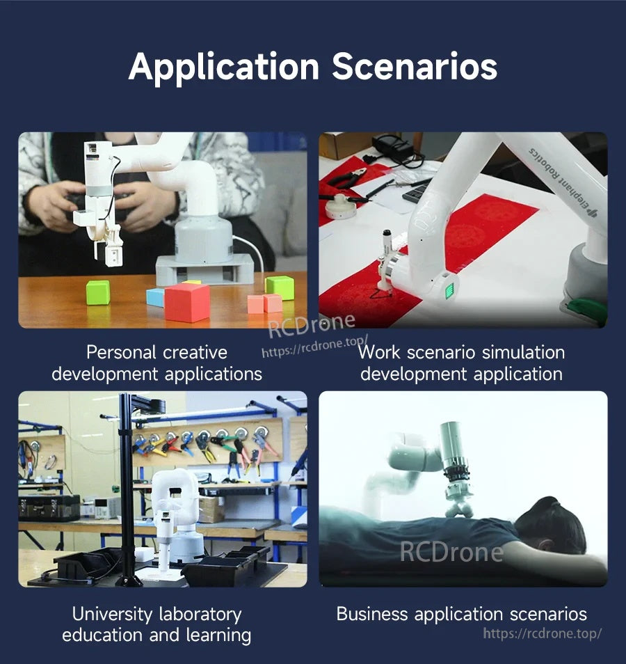 Application scenarios collage for myCobot 320 including creative development, simulation, university lab learning and business use