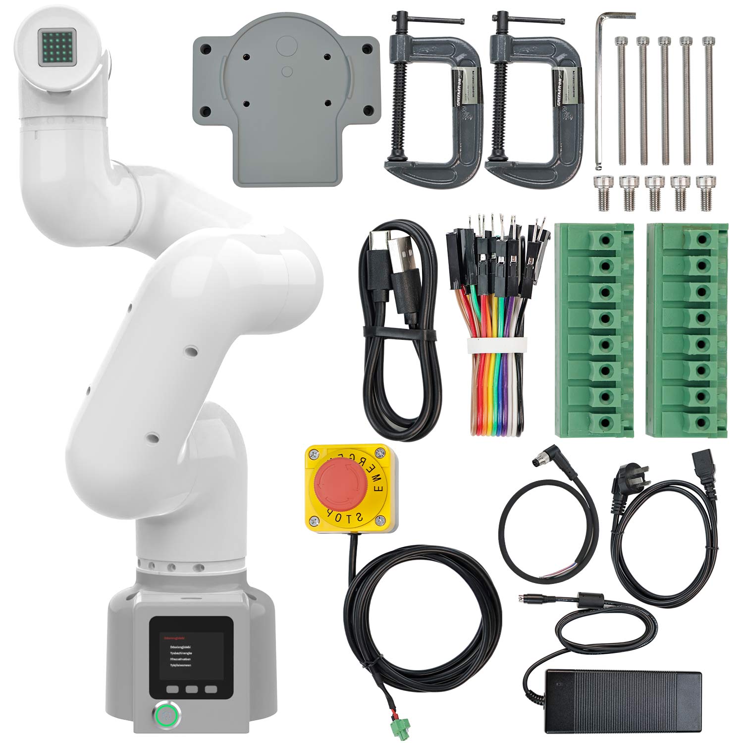 Package contents layout with myCobot arm, mounting plate, clamps, cables, emergency stop, and I/O blocks